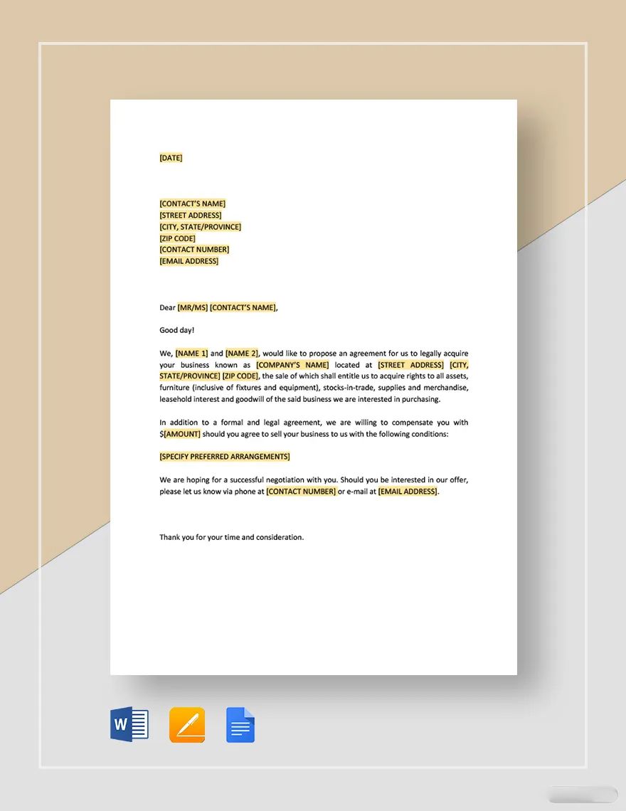 Proposal to Buy a Business Template in Word, Google Docs, PDF, Apple Pages