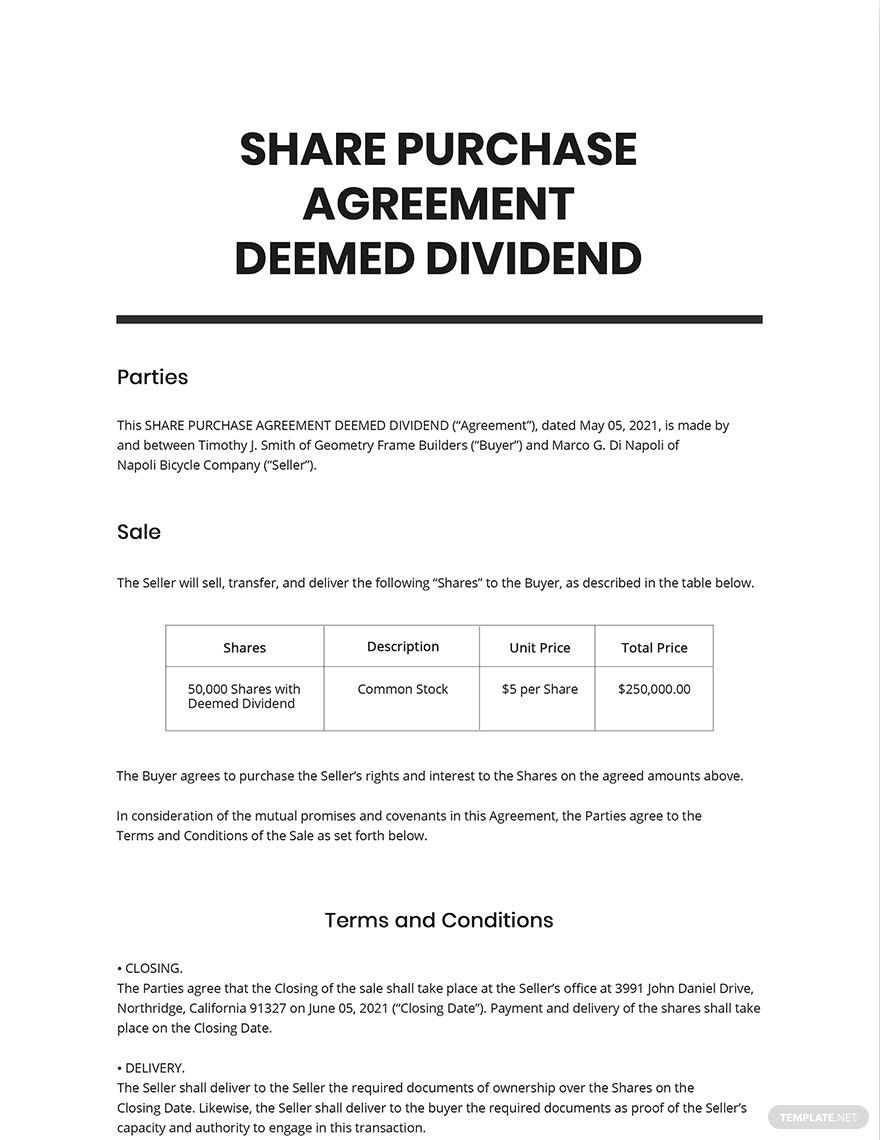 Share Purchase Agreement Deemed Dividend Template