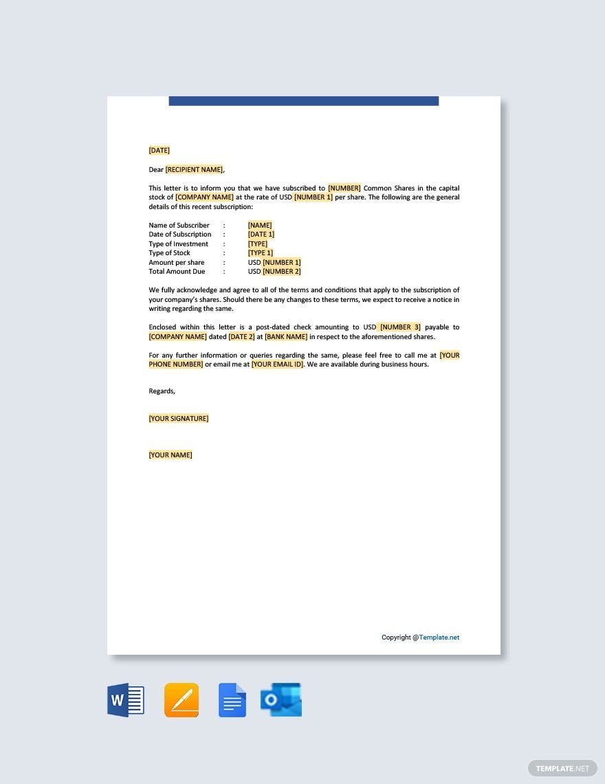 Letter Examples for a Subscription of Shares Template
