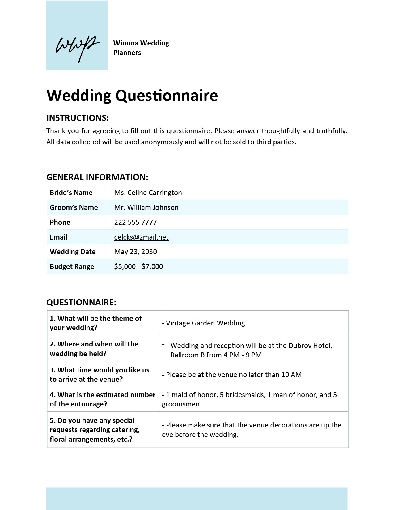 Wedding Questionnaire Template