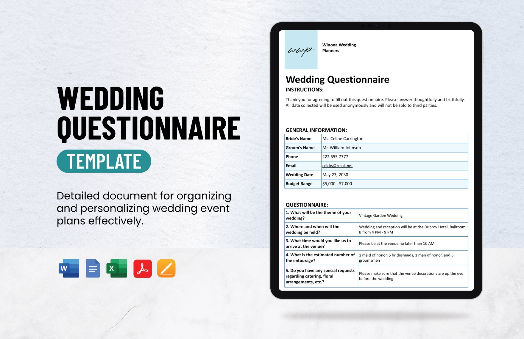 Wedding Questionnaire Template in Word, Google Docs, Excel, PDF, Apple Pages