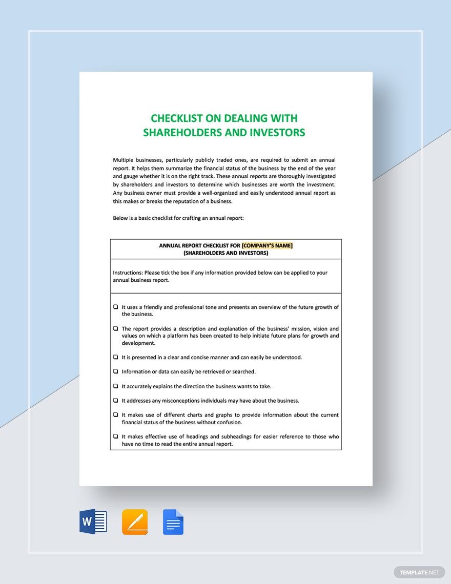 Checklist Dealing with Shareholders and Investors Template