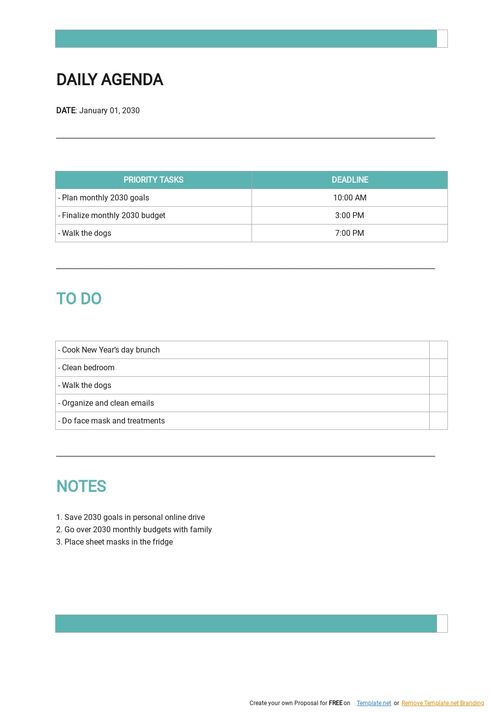 Printable Daily Agenda Template