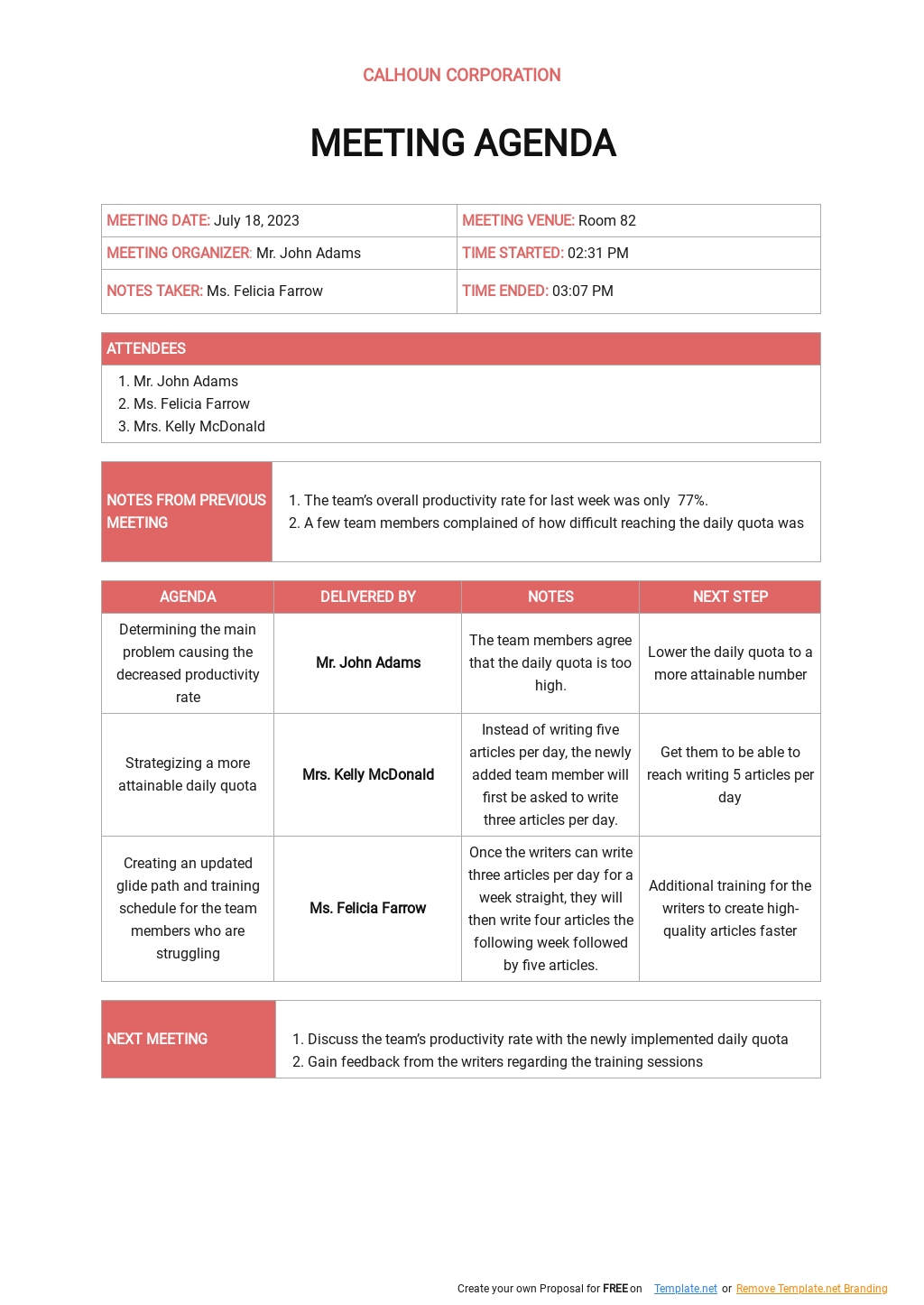 Meeting Agenda Template Google Doc