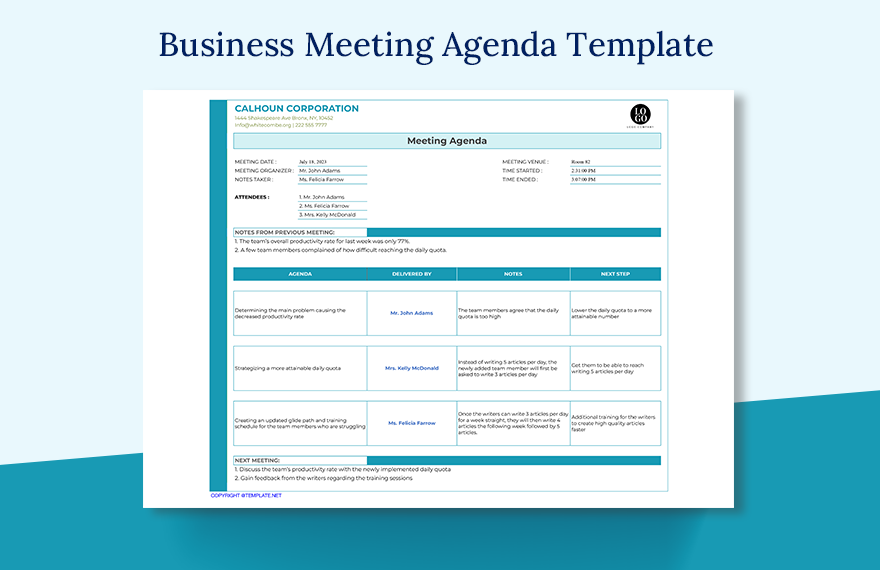 Business Meeting Agenda Template