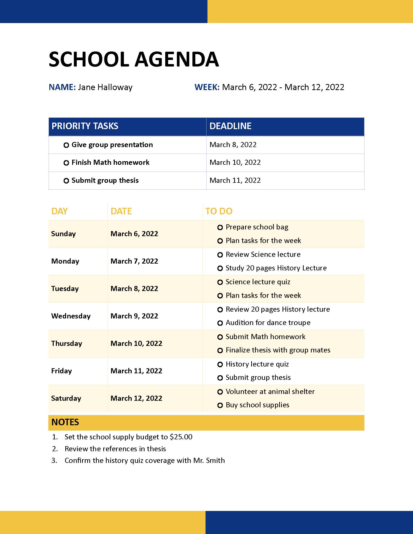 School Agenda Sample Template