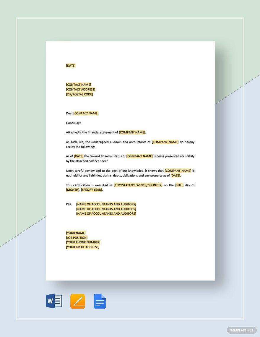 Certification Enclosing Financial Statements Template In Word Pages 