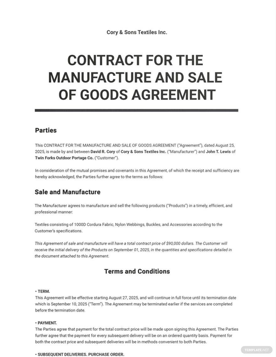 Contract for the Manufacture and Sale of Goods Template
