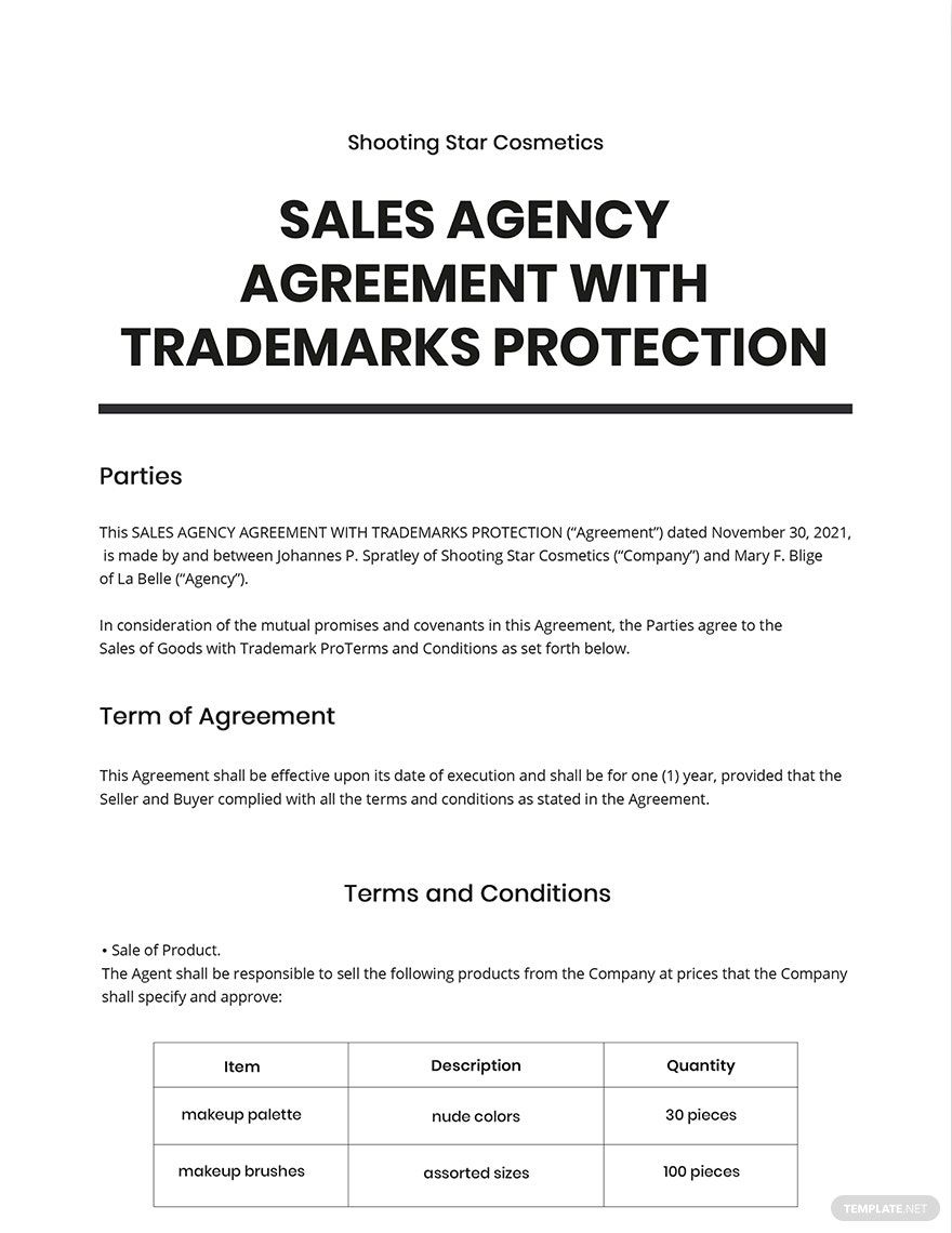 Sales Agency Agreement With Trademarks Protection Template
