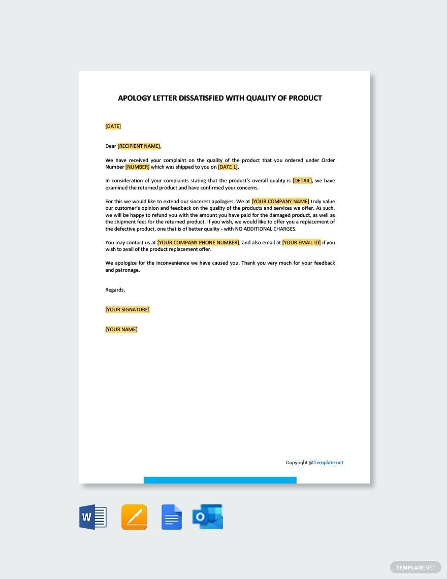 Free Apology Letter Dissatisfied with Quality of Product Template
