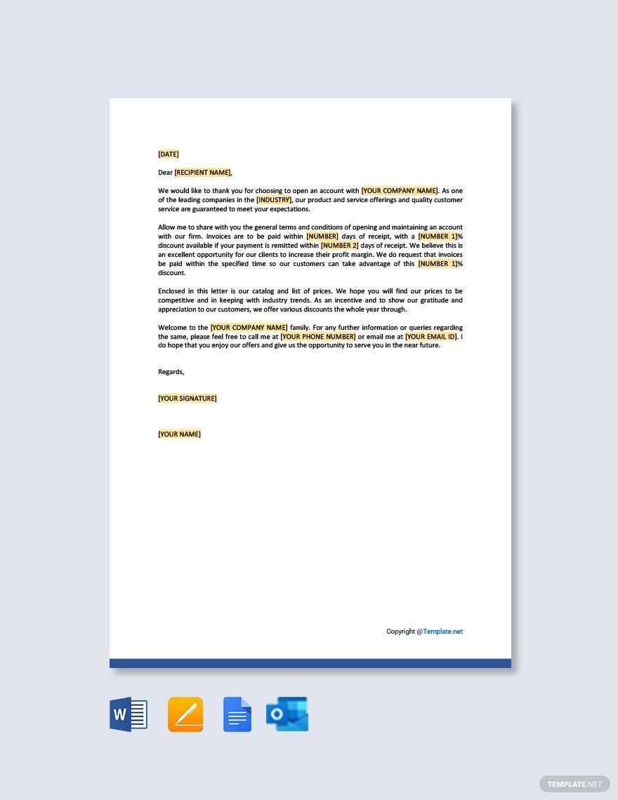 Free New Open Account Welcome and Terms Letter in Word, Google Docs, PDF, Apple Pages, Outlook