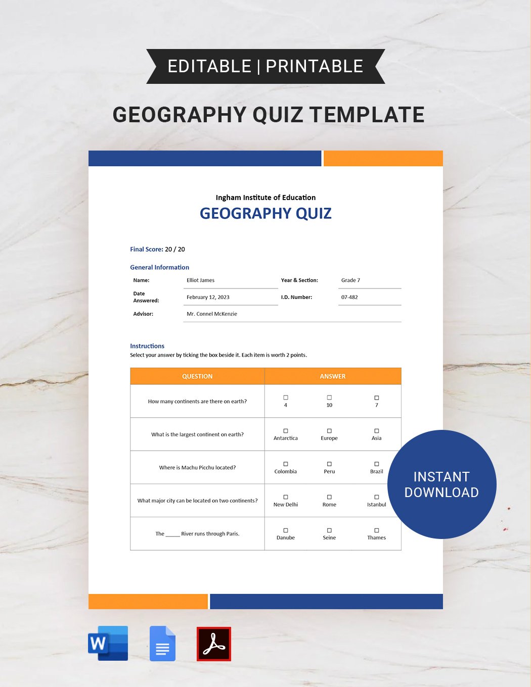 Geography Quiz Template