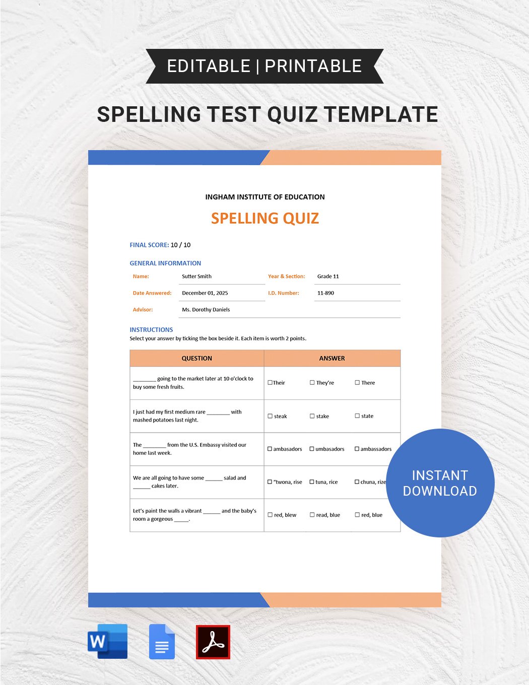 Spelling Test Quiz Template