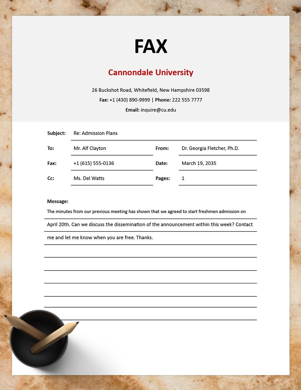 School Fax Cover Sheet Template