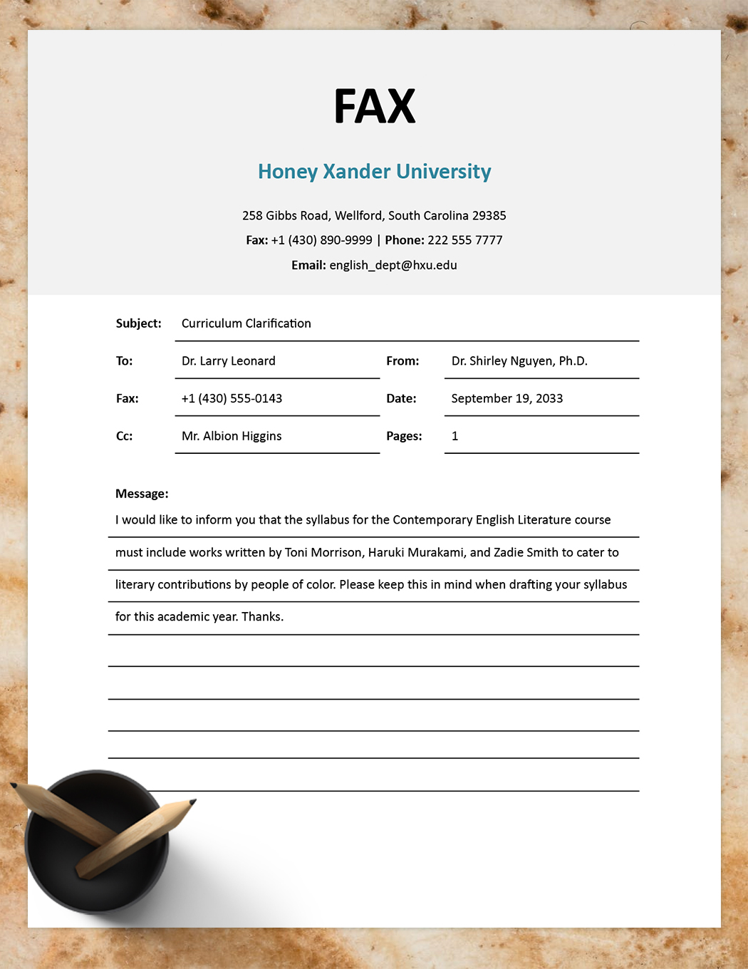 Education Fax Cover Sheet Template
