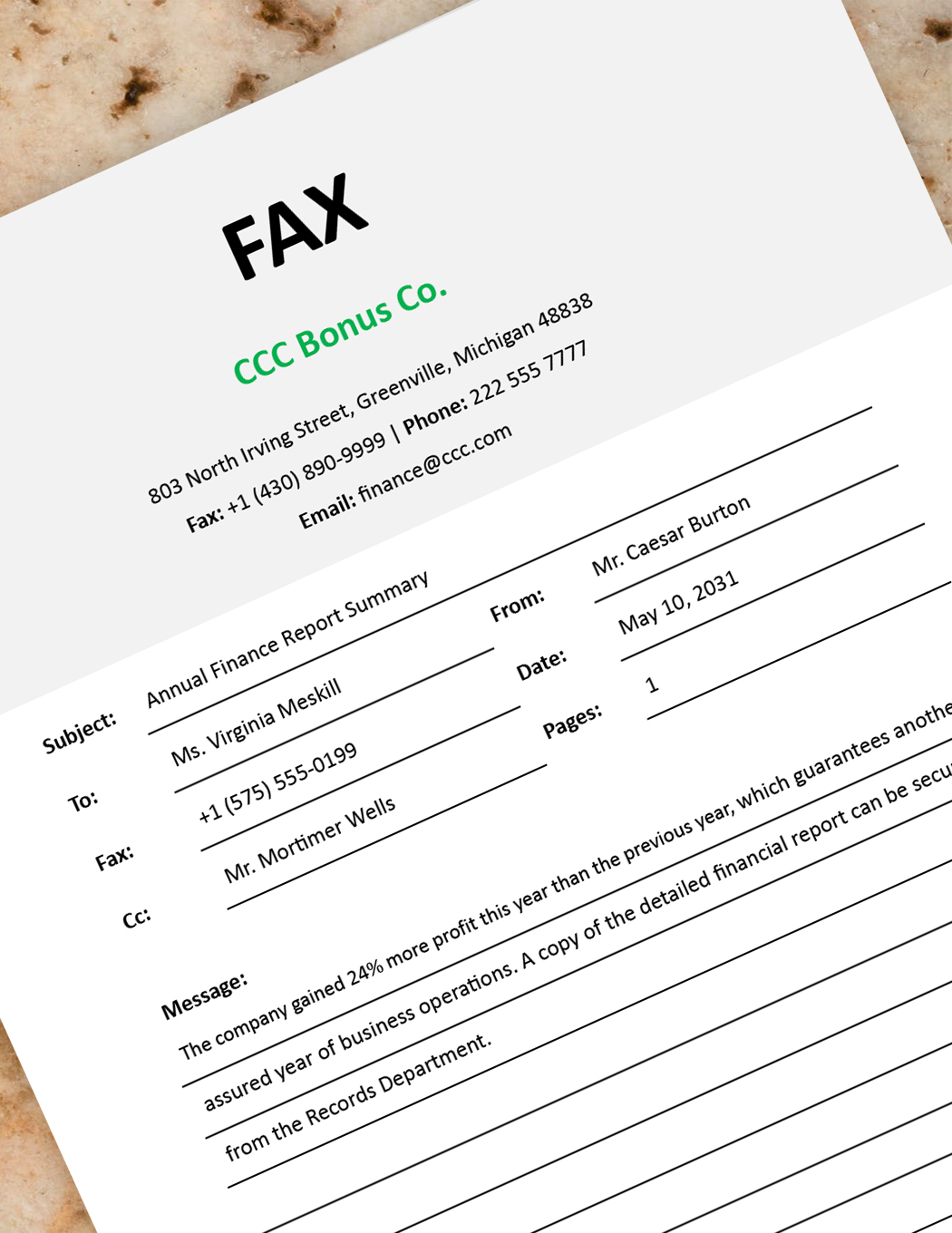 Finance Fax Cover Sheet Template