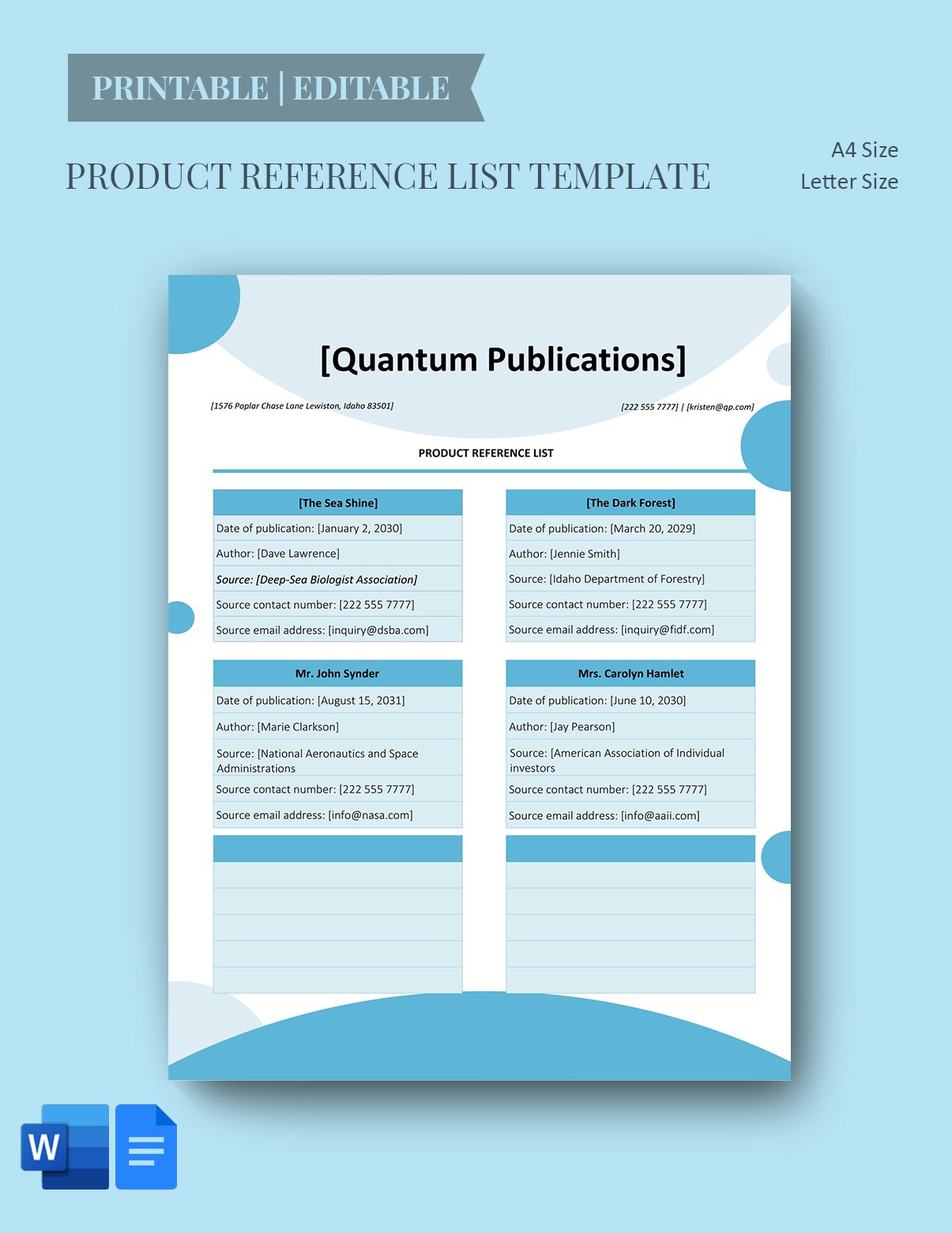 Product Reference List Template