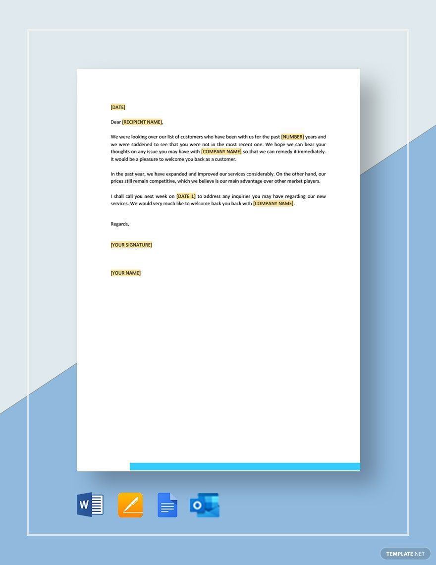 We Would Like to Welcome You Back as a Customer Template in Word, Google Docs, PDF, Apple Pages, Outlook