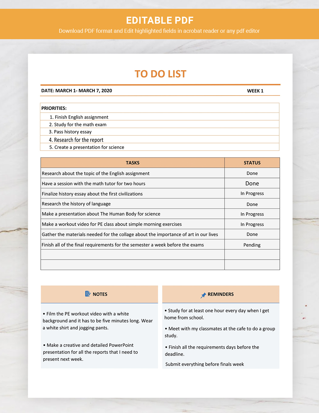 To Do List for Student Template