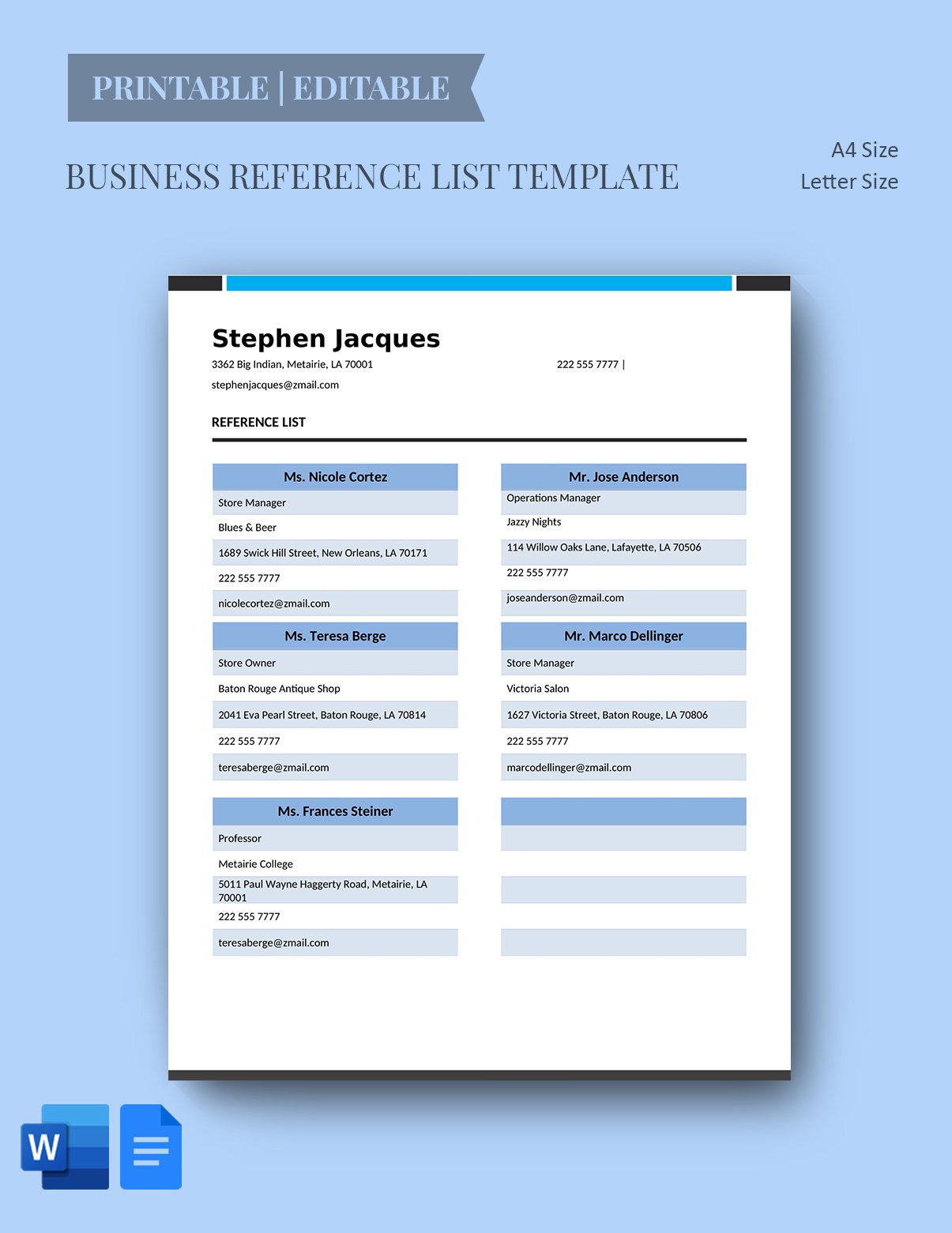 Business Reference List Template