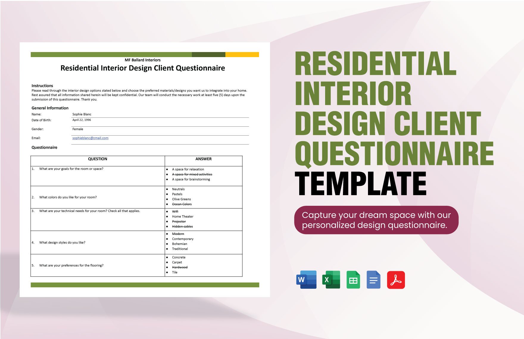 Residential Interior Design Client Questionnaire in Word, Google Docs, Excel, PDF, Google Sheets