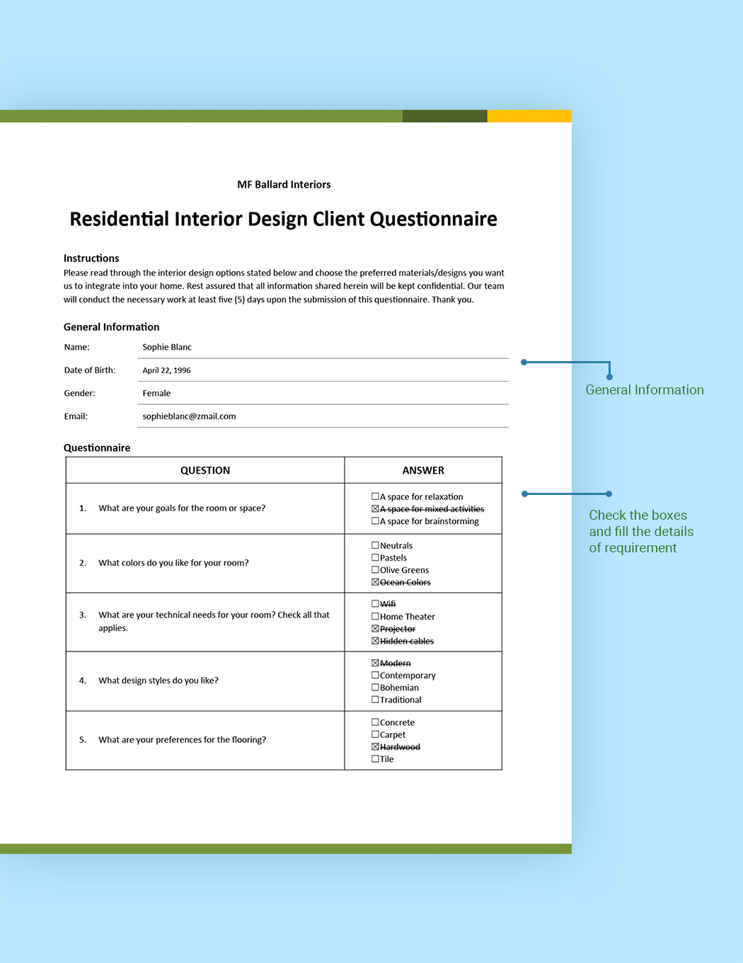 Residential Interior Design Client Questionnaire In Excel Word PDF 