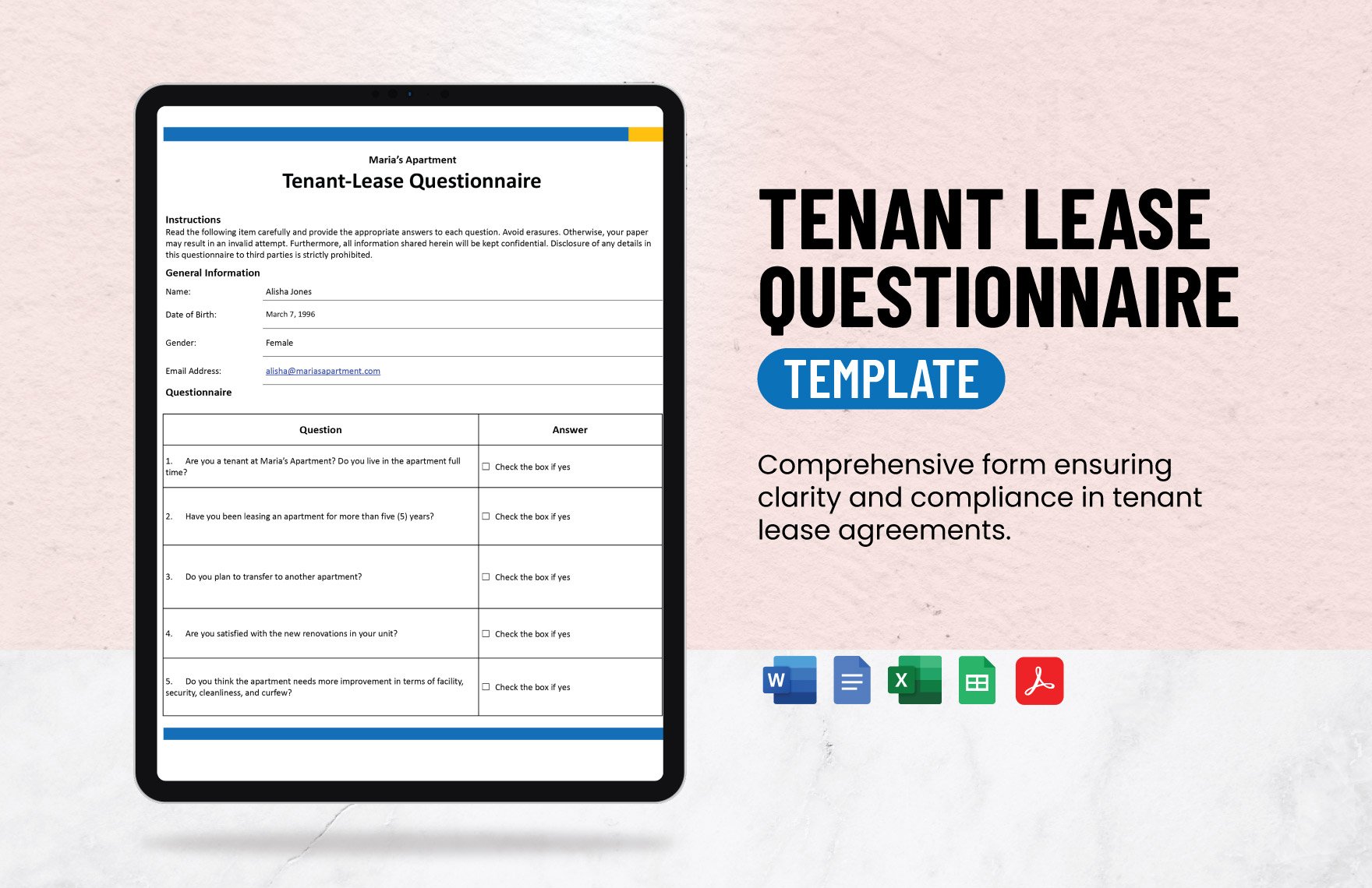 Tenant-Lease Questionnaire in Word, Google Docs, Excel, PDF, Google Sheets