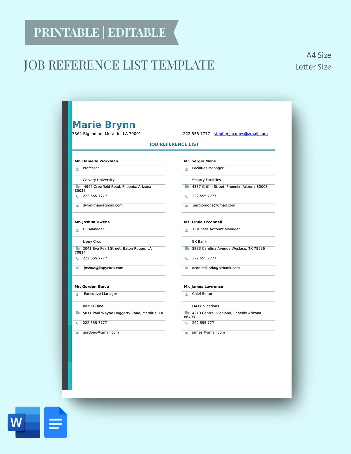 Employment Reference List Template Google Docs, Word, PDF