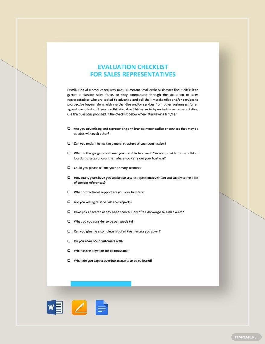 Checklist Sales Representative Evaluation Template in Word, Google Docs, Apple Pages