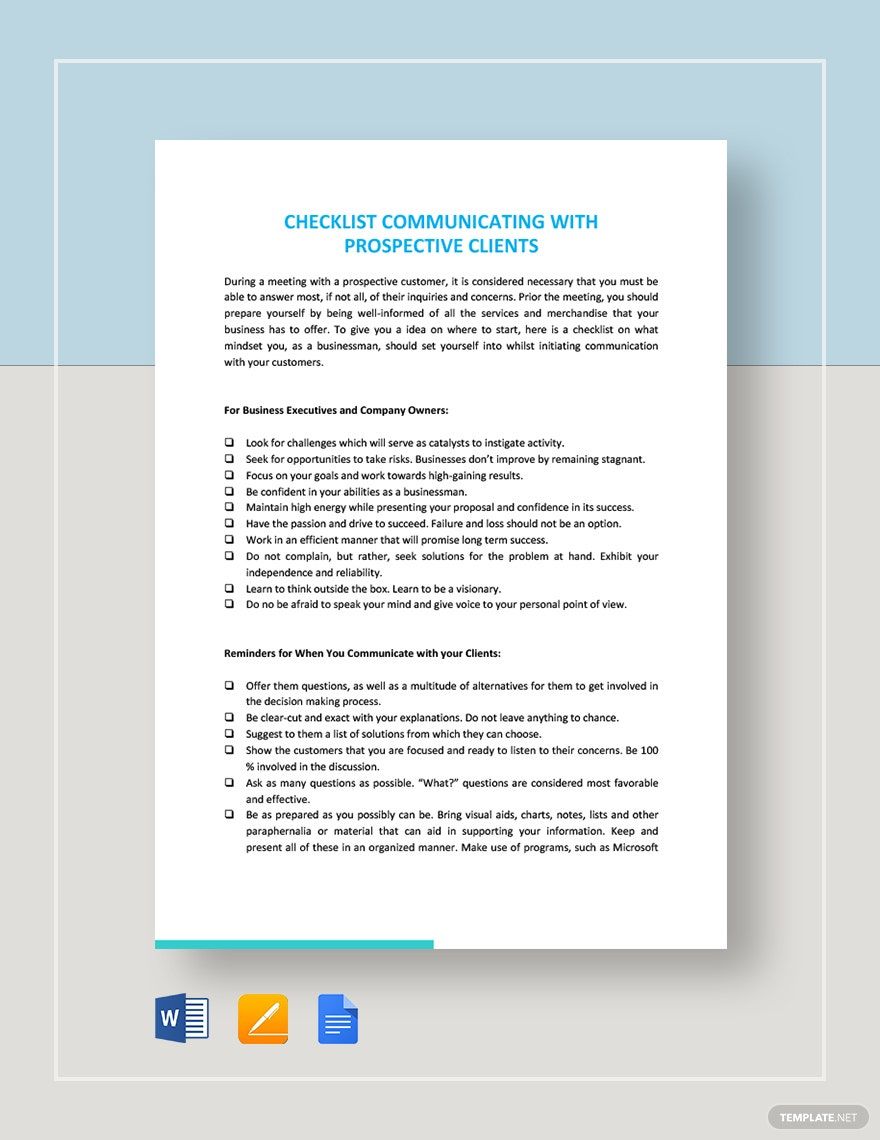 Checklist Communicating with Prospective Clients Template in Word, Google Docs, Apple Pages