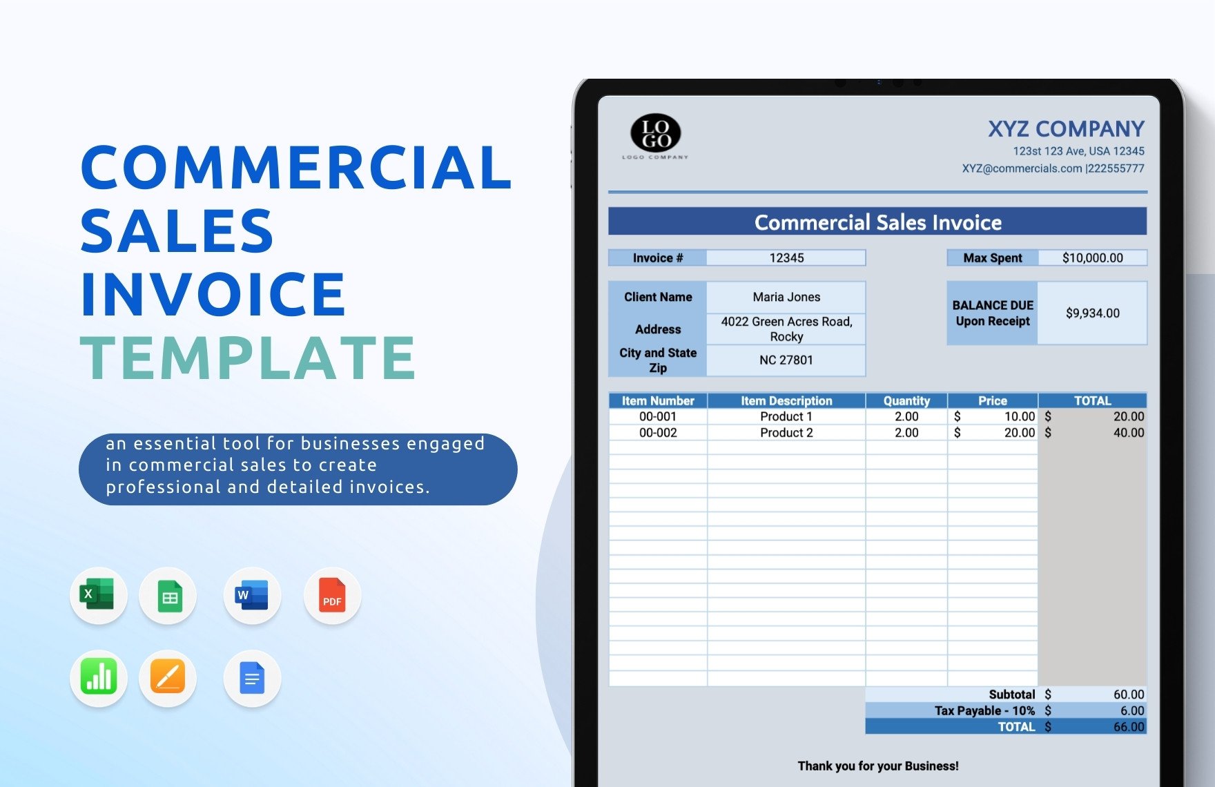 Commercial Sales Invoice Template in Word, Google Docs, Excel, PDF, Google Sheets, Apple Pages, Apple Numbers