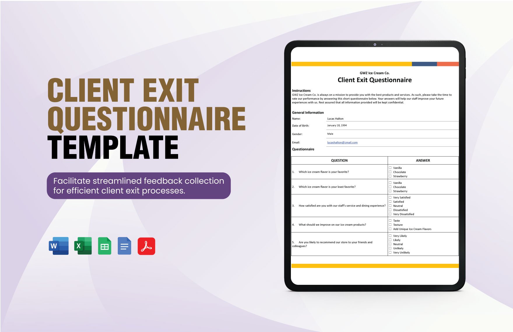 Client Exit Questionnaire in Word, Google Docs, Excel, PDF, Google Sheets