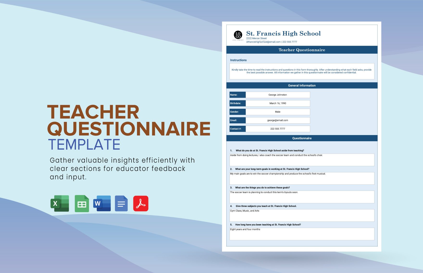 Teacher Questionnaire in Word, Google Docs, Excel, PDF, Google Sheets