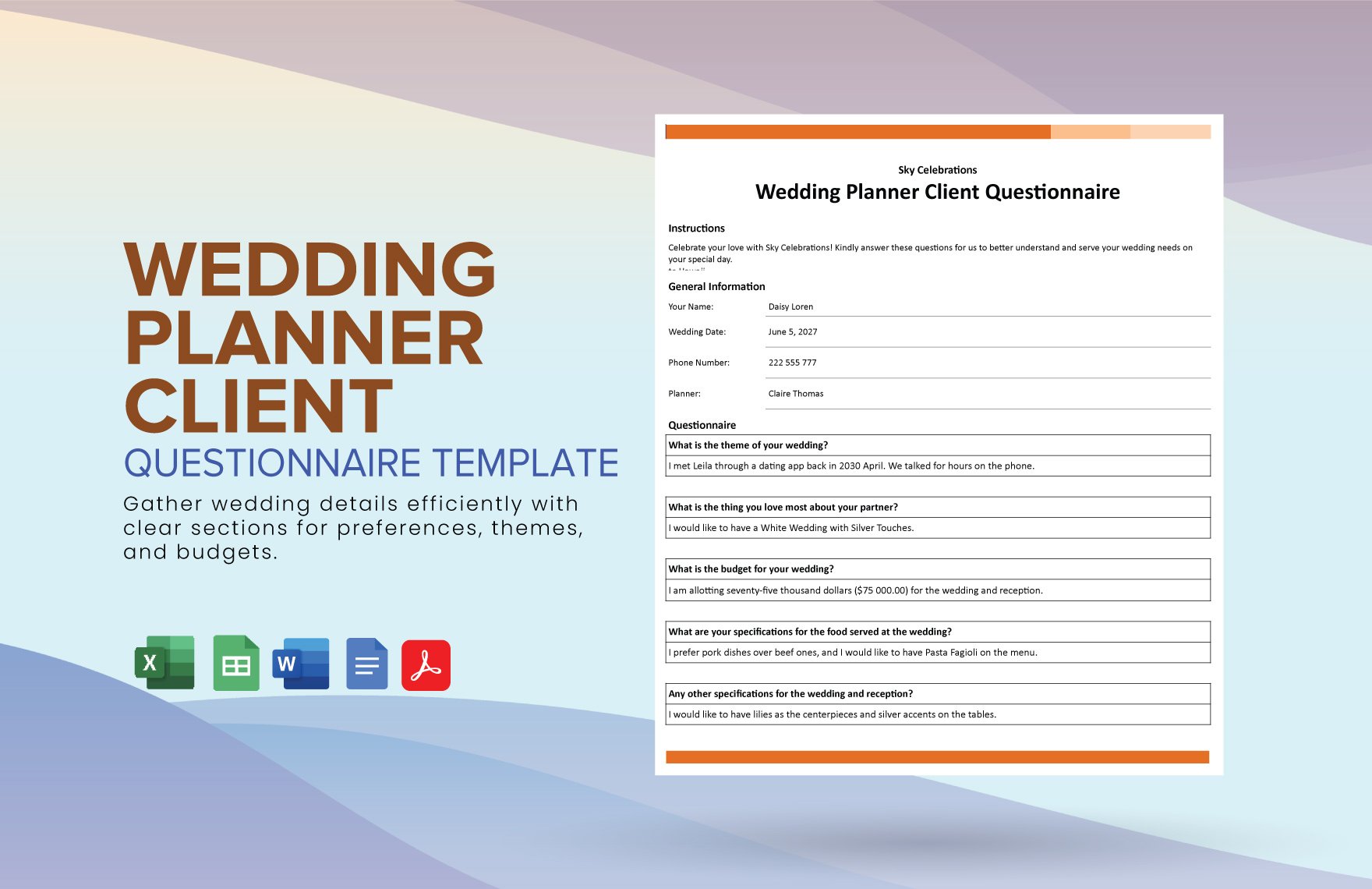 Free Wedding Planner Client Questionnaire in Word, Google Docs, Excel, PDF, Google Sheets