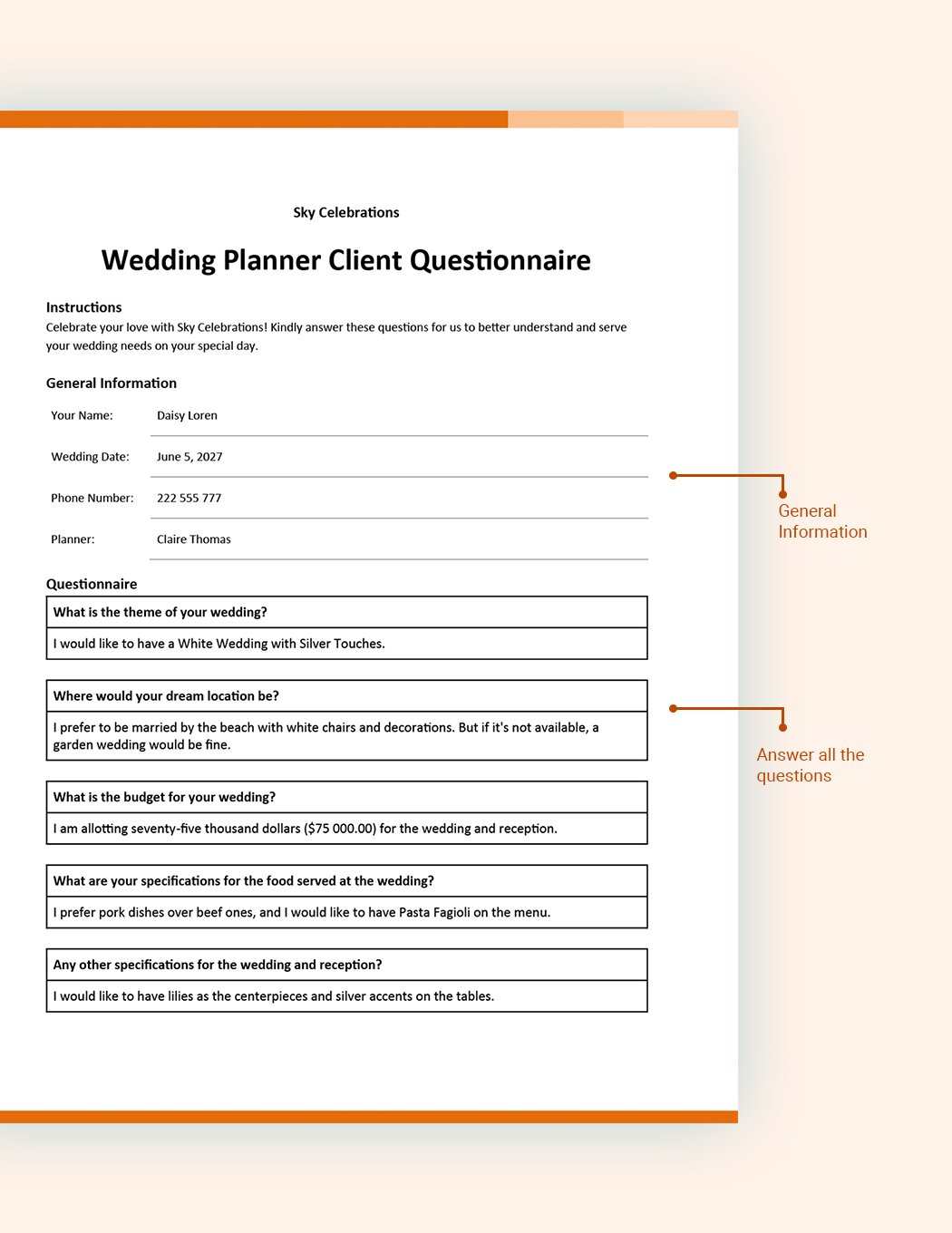 Wedding Officiant Questionnaire Template