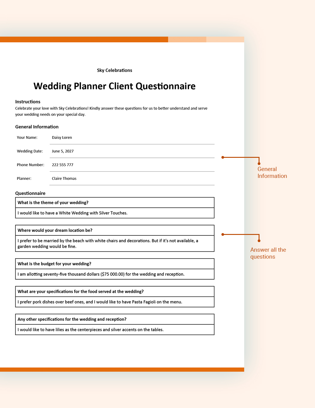 Wedding Questionnaire Template