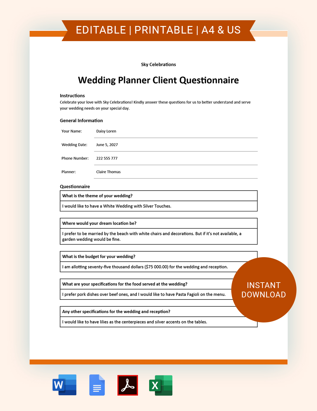 Free Wedding Planner Client Questionnaire Download In Word Google 