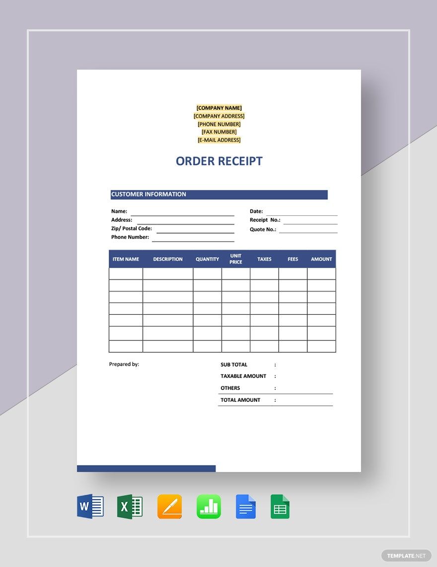 Order Receipt Template in Excel, Word, Pages, Apple Numbers, Google Docs, Google Sheets - Download | Template.net