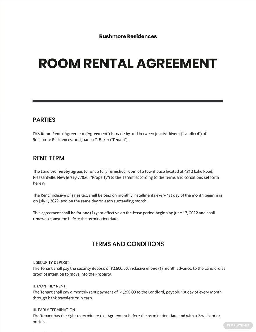 Sample Room Rental Agreement Template