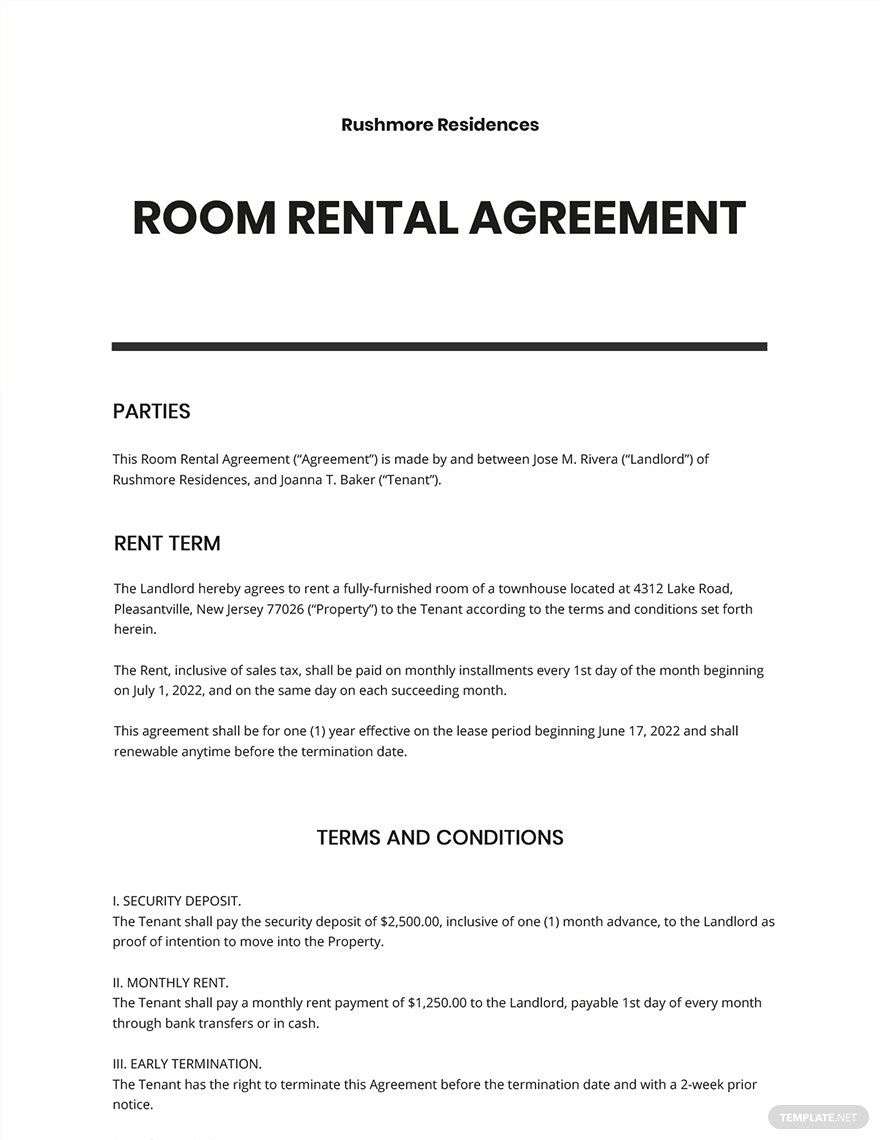 Sample Room Rental Agreement Template in Word, Google Docs, Pages - Download | Template.net