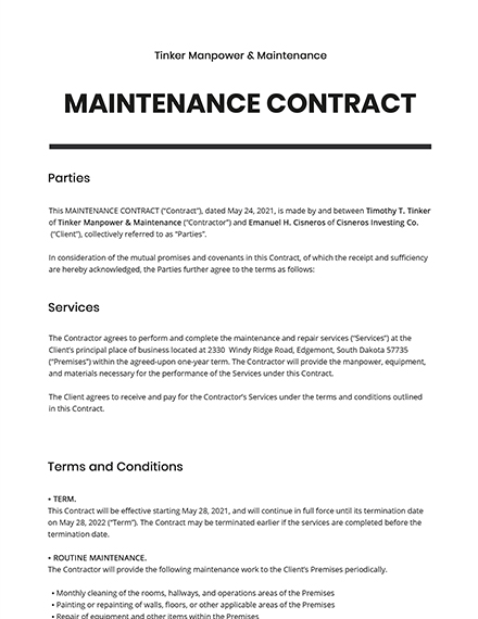 Maintenance Contract Template Google Docs Word Apple Pages Pdf