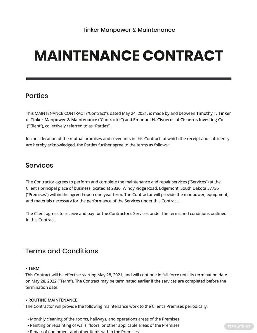 Maintenance Contract Template