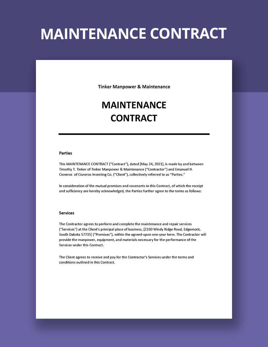 Maintenance Contract Word Templates Design, Free, Download