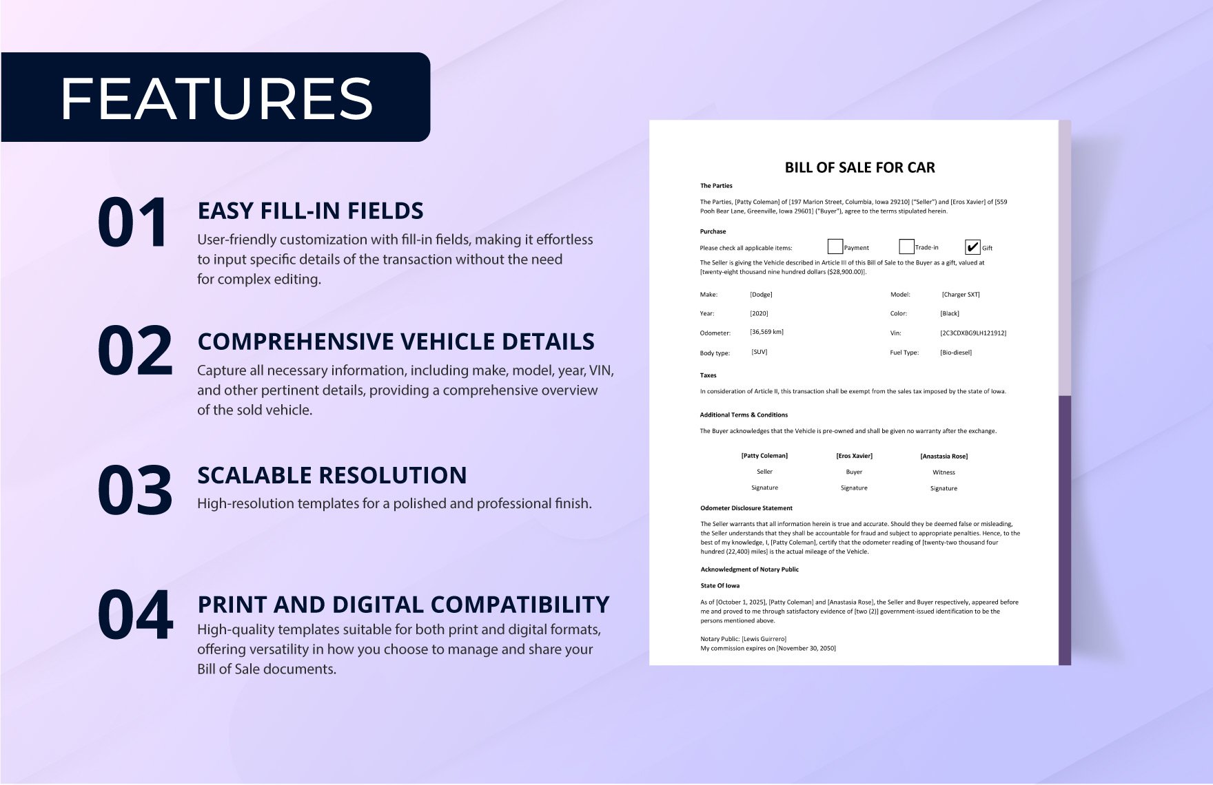 Bill of Sale For Car Template