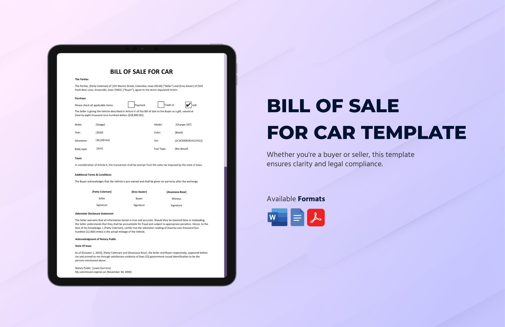 Bill of Sale For Car Template in Word, Google Docs, PDF