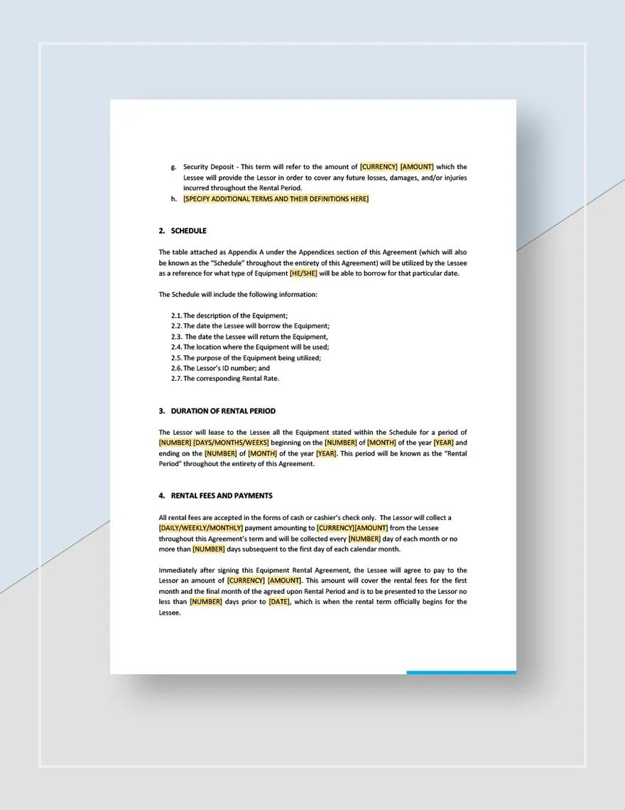 Equipment Rental Agreement Template - Google Docs, Word, Apple Pages ...