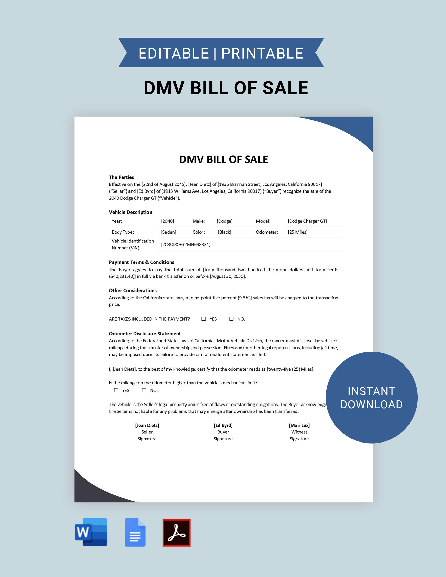 DMV Bill of Sale Template in Word, Google Docs, PDF, Apple Pages
