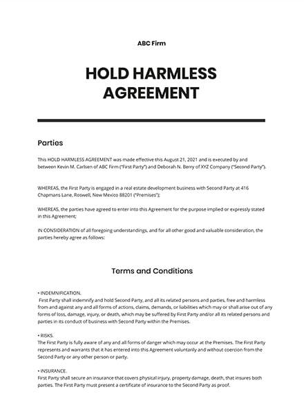 11  Hold Harmless Agreement Templates in PDF Free Downloads
