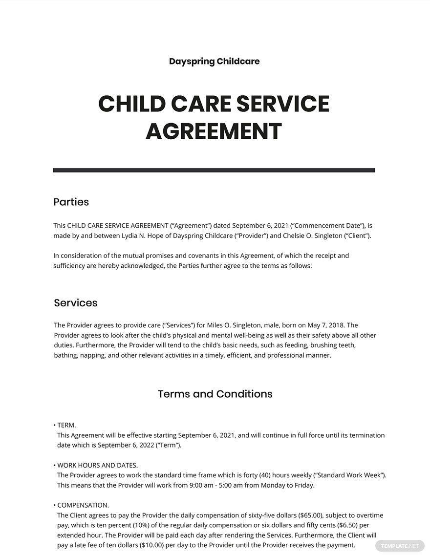 Child Care Service Agreement Template Google Docs Word Apple Pages Template