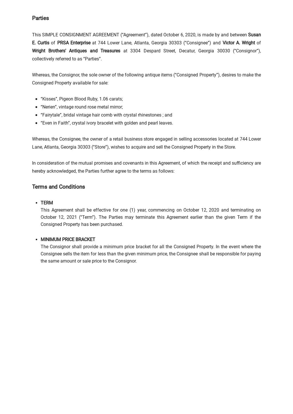 Simple Consignment Agreement Template